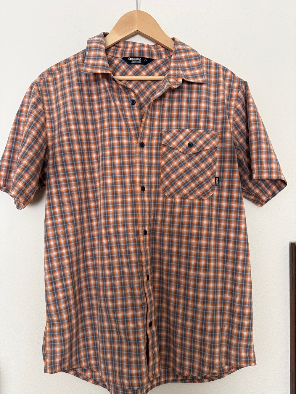 Outdoor Research Orange and Gray Plaid Short-Sleeve Button-Down Shirt